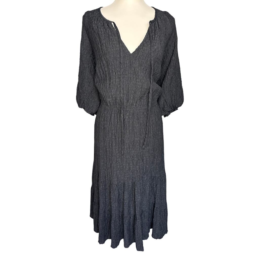City Chic Black Crinkled Textured Midi Dress Puff Sleeve Pockets Boho Size S 16